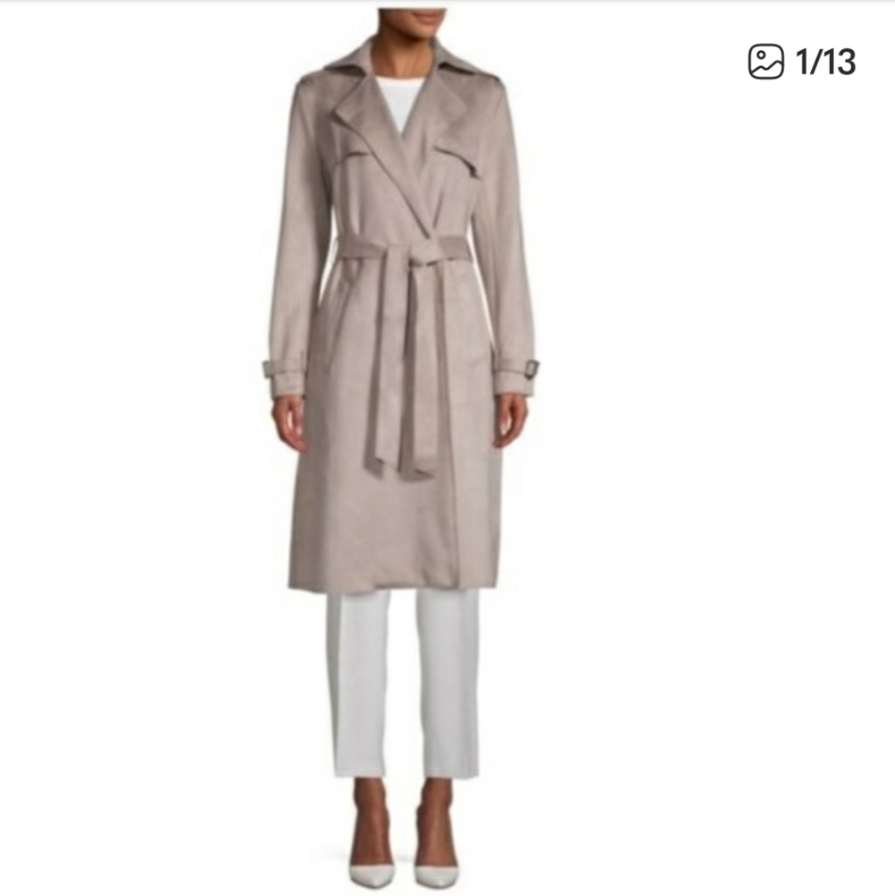 T Tahari Plus Size Mel Faux Suede Classic Trench Coat Light Taupe - Picture 1 of 15